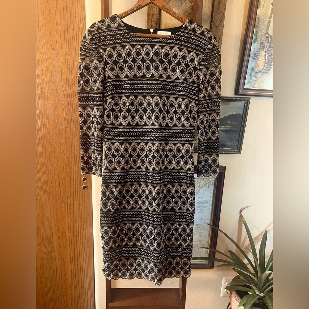 Cache Women's Lace Sheath Dress With 3/4 Sleeve Black, Gold Size Small